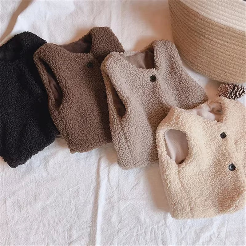 Autumn Winter Baby Lamb Wool plus Velvet Waistcoat Girls Boys Plush Vest Single Breasted V Neck Child Warm Fashion Warm Coat