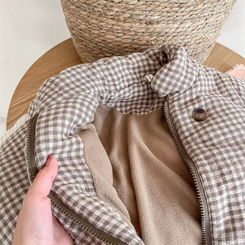 2026 New Winter Toddlers Kids Plaid Thicken Coats Korean Style Fleece Lining Children Warm Outerwear