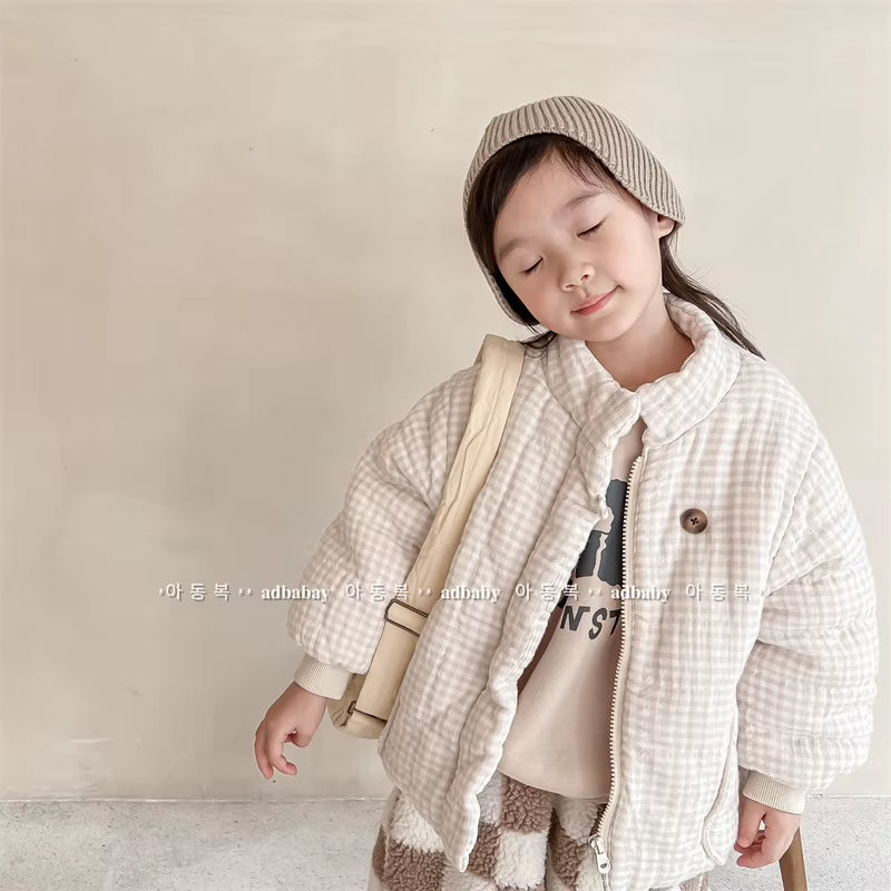 2026 New Winter Toddlers Kids Plaid Thicken Coats Korean Style Fleece Lining Children Warm Outerwear