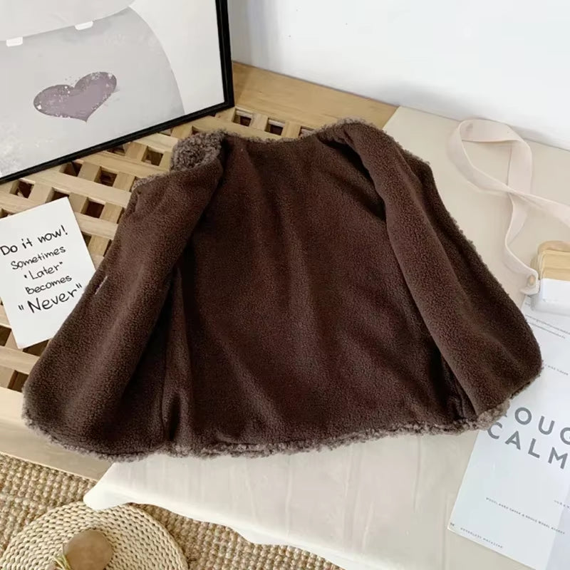 Autumn Winter Baby Lamb Wool plus Velvet Waistcoat Girls Boys Plush Vest Single Breasted V Neck Child Warm Fashion Warm Coat