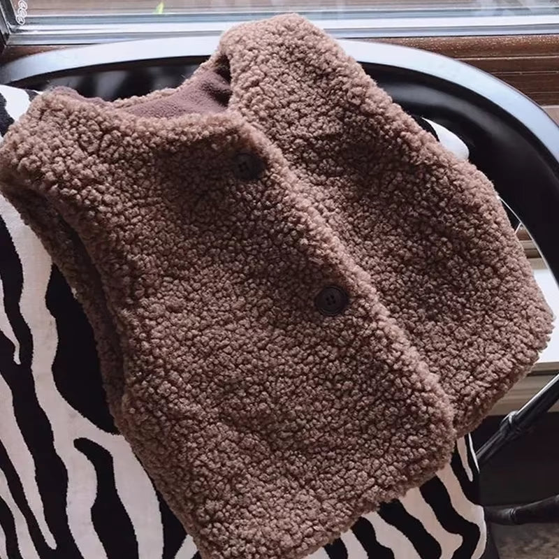 Autumn Winter Baby Lamb Wool plus Velvet Waistcoat Girls Boys Plush Vest Single Breasted V Neck Child Warm Fashion Warm Coat