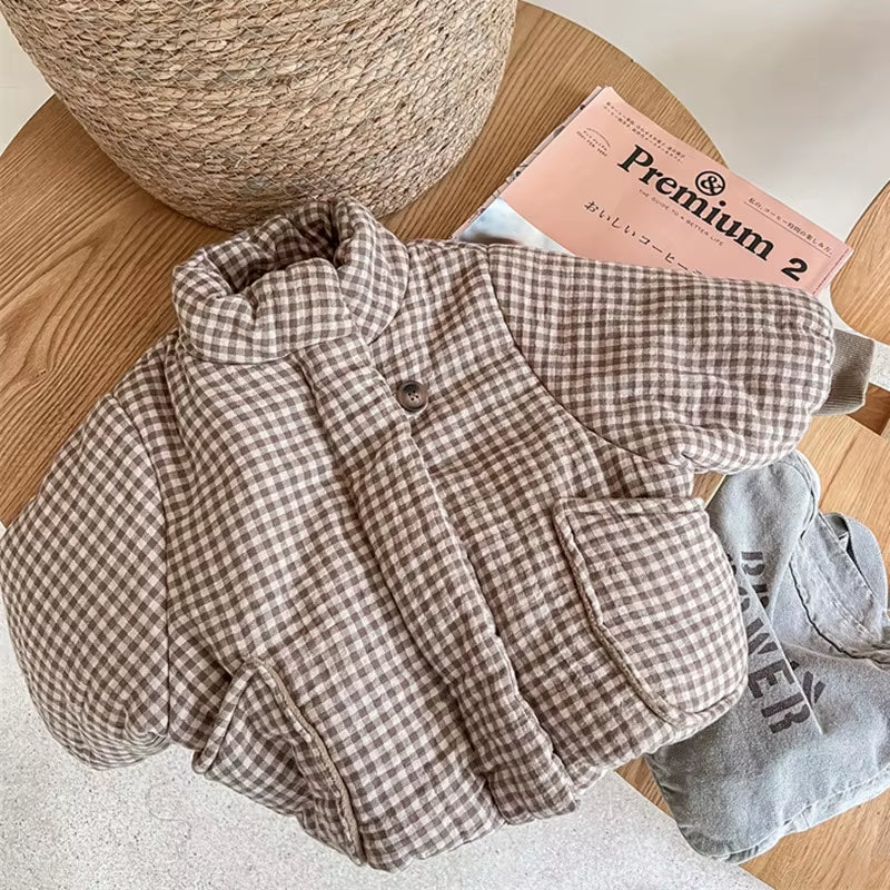 2026 New Winter Toddlers Kids Plaid Thicken Coats Korean Style Fleece Lining Children Warm Outerwear