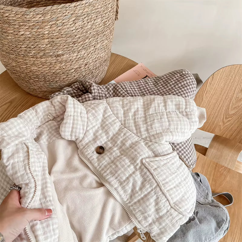 2026 New Winter Toddlers Kids Plaid Thicken Coats Korean Style Fleece Lining Children Warm Outerwear