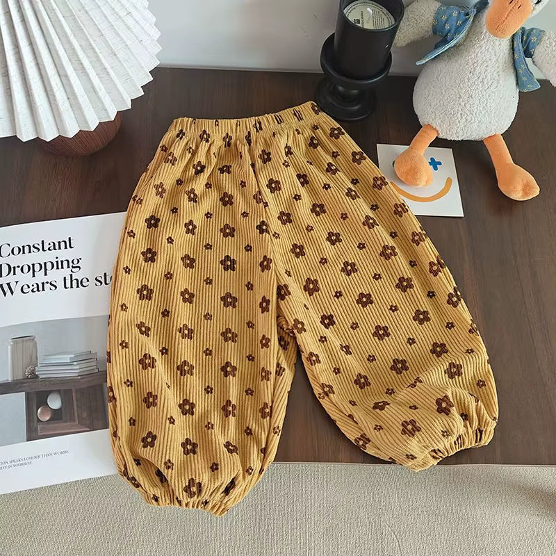 Baby Girls Pants Kids Coffee Flower Pant Corduroy Trousers Spring Autumn Children'S Clothing Korean Style
